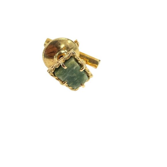 Cufflinks Tie Tack Goldtone Jade Look Stone Wraparound Mesh - Picture 3 of 5